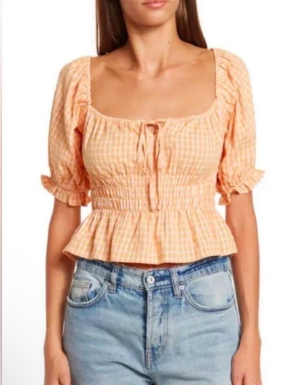 Astr Orange Gingham Puff-Sleeve Smocked Crop Top